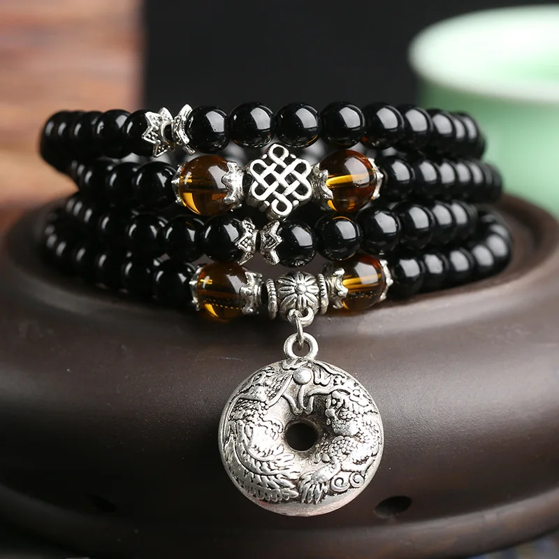 108 молитвенный браслет Мала Браслет ожерелье Черный Камень буддийский браслет многослойный Будда браслет для мужчин и женщин
