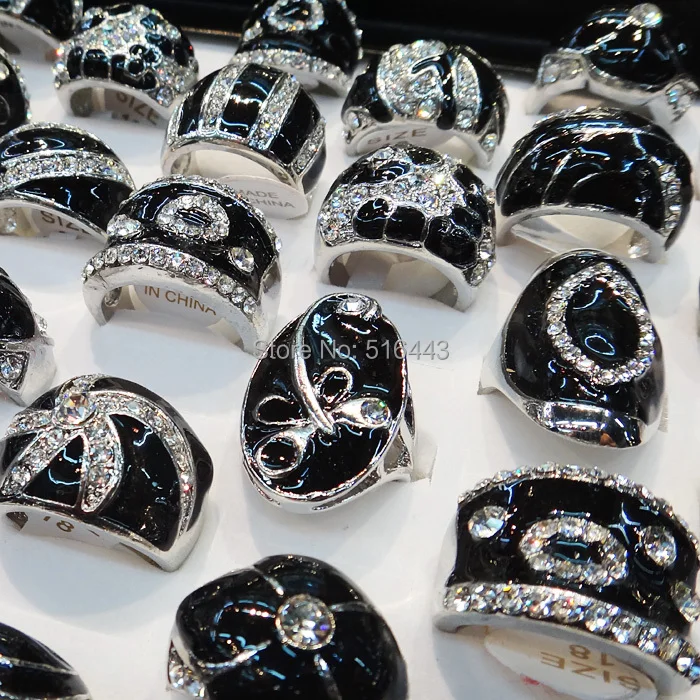 

Freeshipping Real 10pcs Czech Rhinestones Big Black Enamel Fashion Silver P Women Mens Rings Wholesale Jewelry Lots A294