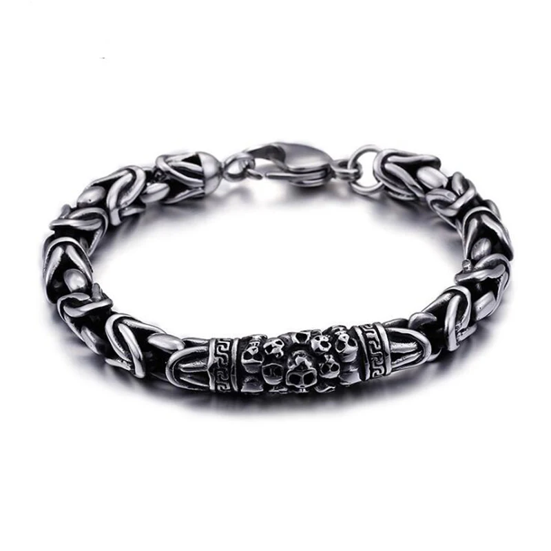 Панк Рок Байкер скелет цепи браслеты нержавеющая сталь Ретро Серебряный Черный череп безопасности узор браслеты ювелирные изделия для мужчин