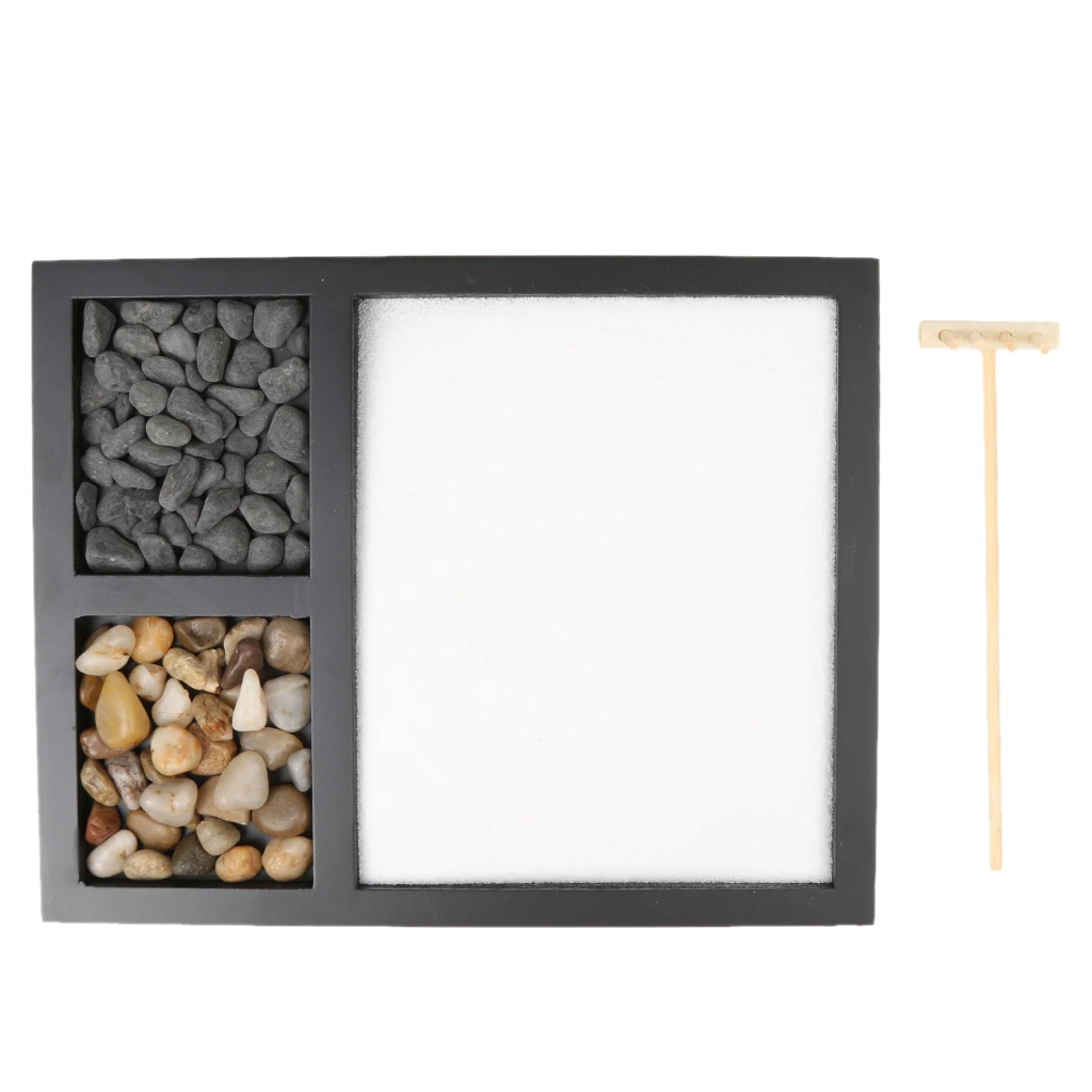  Table Desk Zen Garden Sand Tray Natural Stones Wood Rake Meditation Craft Home Decorative Plate Kid