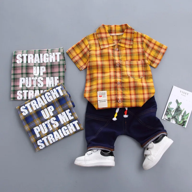 2019 Baru Musim Panas Anak Katun Lengan Pendek Set Bayi Laki Laki Olahraga Plaid Huruf Baju Celana Pendek 2 Buah Set Set Pakaian Aliexpress