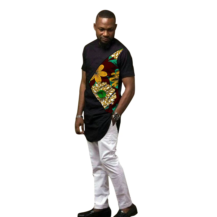 Fashion men pant sets African clothing short sleeve shirt black/print patchwork top and white pant dashiki clothes men's sets