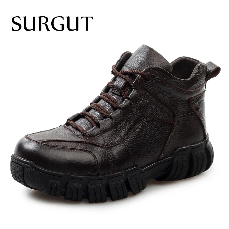 

SURGUT Autumn Winter Boots Men Ankle Boots Warm Snow Shoes Men Boots Male Shoes Solid Lace Up Casual Safety Leather Men Shoes