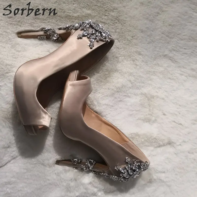 

Sorbern Champagne Satin Wedding Shoes Open Toe Crystals Wrapped Heeled Stilettos Platform Heels Bridal Shoe Slip On Women Shoes