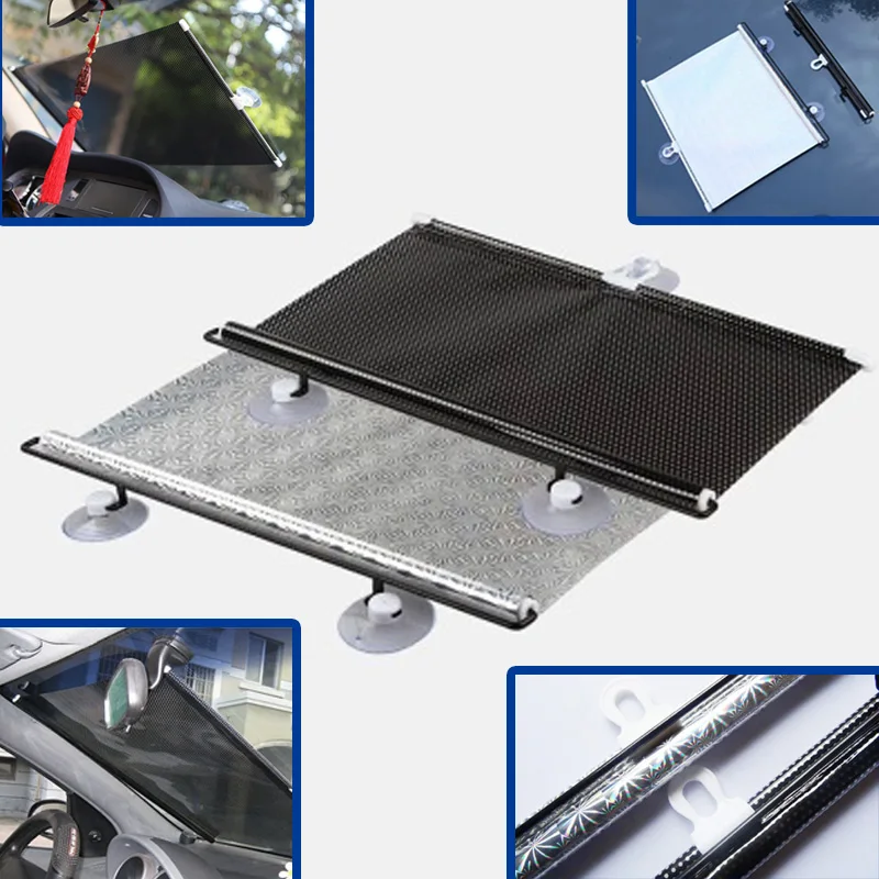 

Car SunShade Window Windshield Visor Sucker Front Back Side Silver Black Curtain Retractable PVC Metal Rod Shade Cover