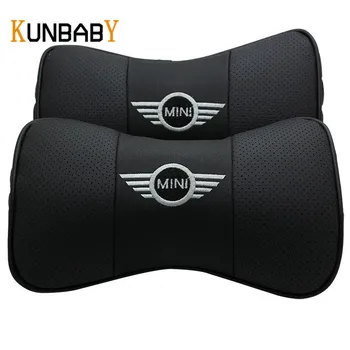 

KUNBABY Leather 2PCS Car Styling Leather Car Neck Pillow Head Car Headrest Pillow Cushion Cover For Mini Cooper R56 Accessories