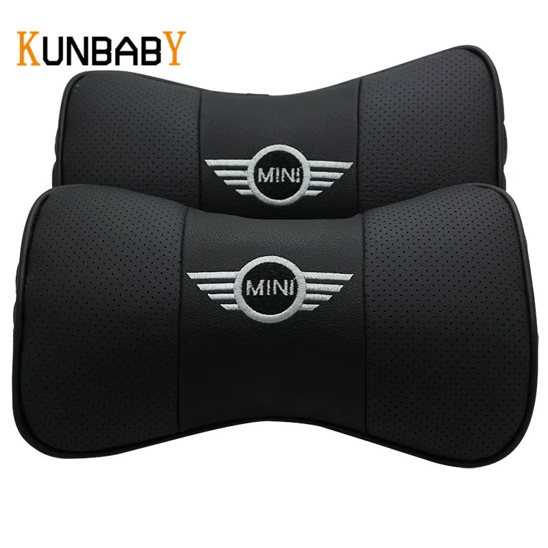 KUNBABY Leather 2PCS Car Headrest Neck Support Car Emblem Pillow Seat Cover Cushion For Mini Cooper