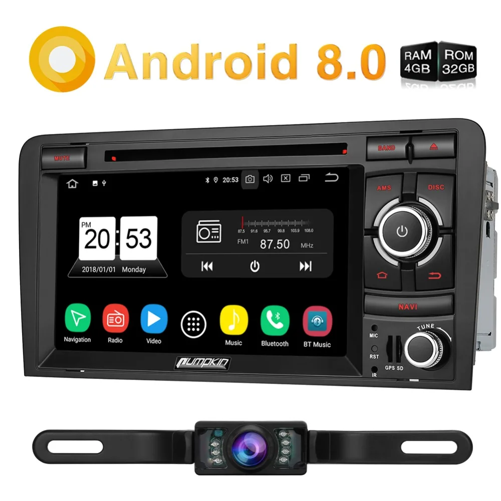 

Pumpkin 2 Din 7''Android 8.0 Octa Core 4GB+32GB Car Stereo GPS Navigation Car Radio DVD Player for Audi A3 2003-2011 Wifi OBD2