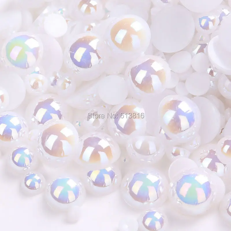 

1000pcs/lot AB White color mix size 2 3 4 5 6 8 10mm resin flat back half round pearl cabochon pearls Beads For DIY Decoration