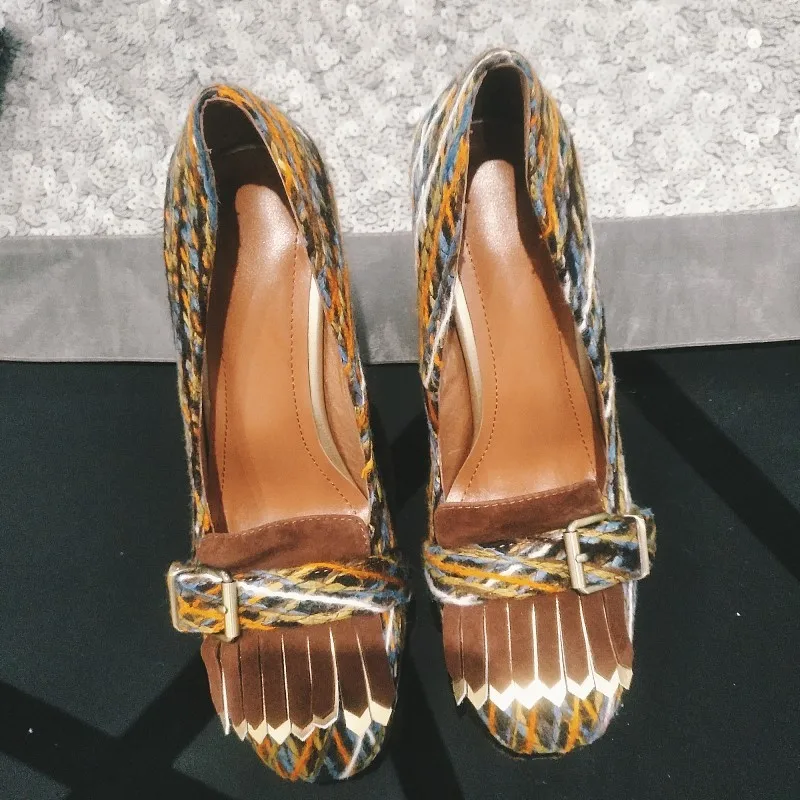 

Hot Spring Autumn Shoes Woman Shallow Pumps Costume tweed Round Toe Square High Heels Pumps Designer Woman Party Dress Pumps