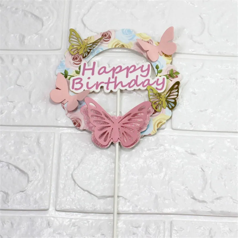1 шт. красочные лазерные бабочки Топпер для торта «С Днем Рождения» для дня рождения Декор кекс карты Топпер десерт инструменты розовый/синий