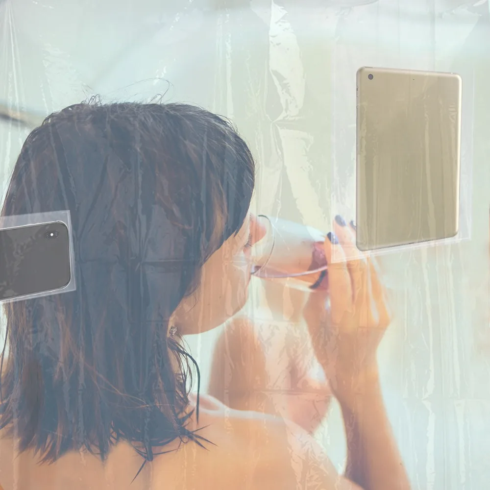 

1.8m Transparent Bathroom Shower Curtain with 8 Pockets Bath Curtain See Through Mat Phone Tablet Holder Clear