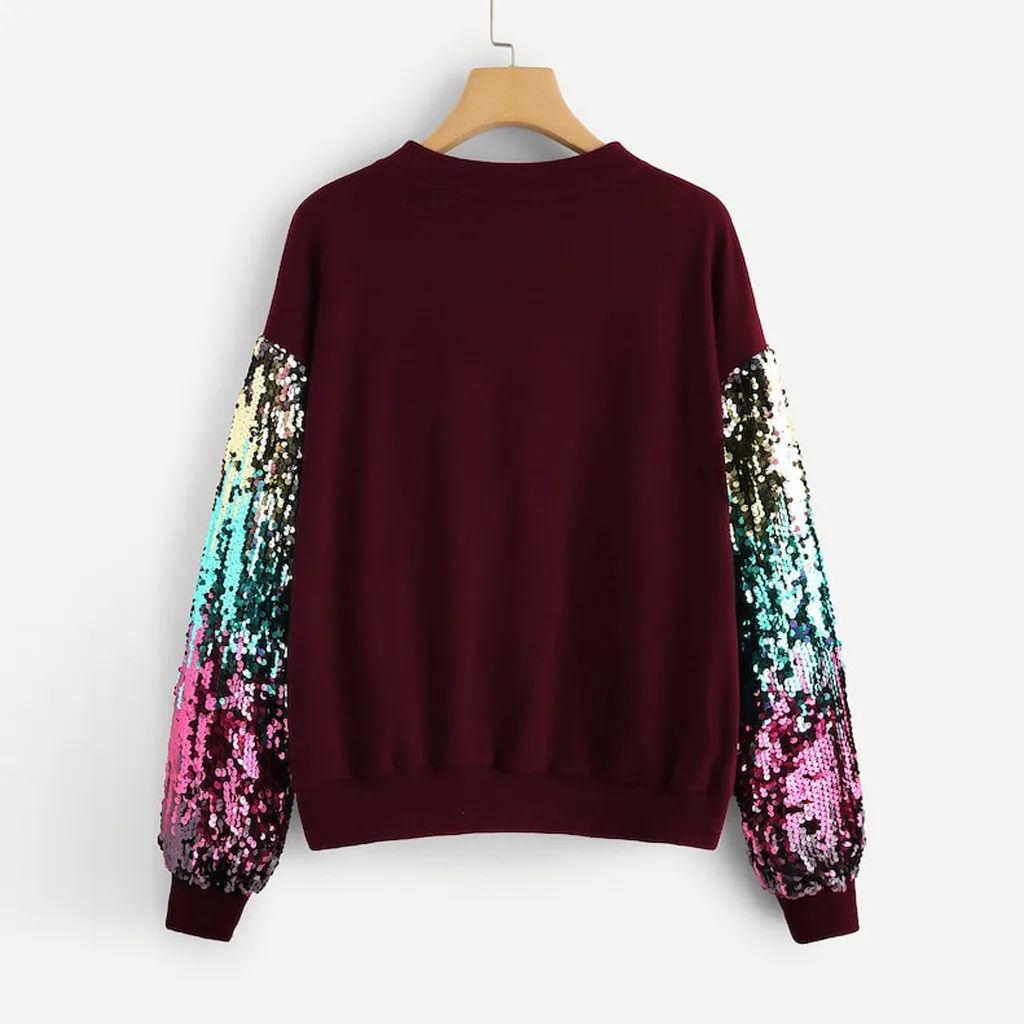 KANCOOLD top T-shirt Fashion Women girl Casual Long Sleeve Sequin T-shirt O-Neck Pullover Patchwork new top femme 2018dec25