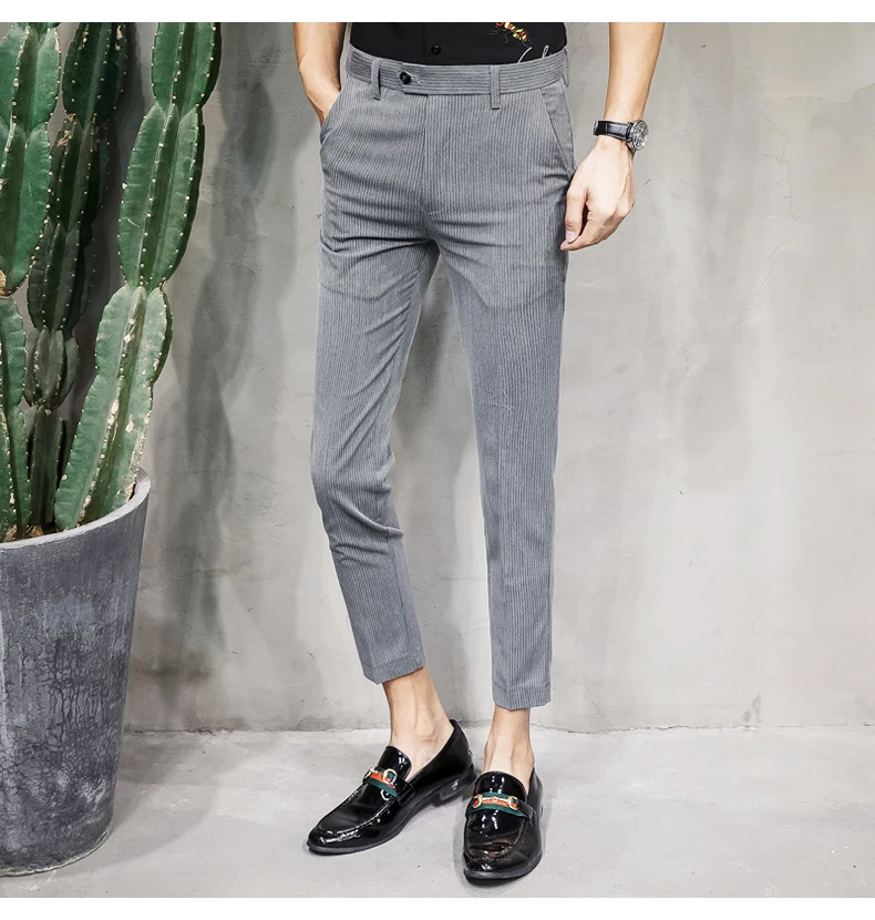 Модные Повседневное Для мужчин брюки новые летние 28-36 полосатые хлопковые облегающие брюки Черный, серый цвет личности популярные