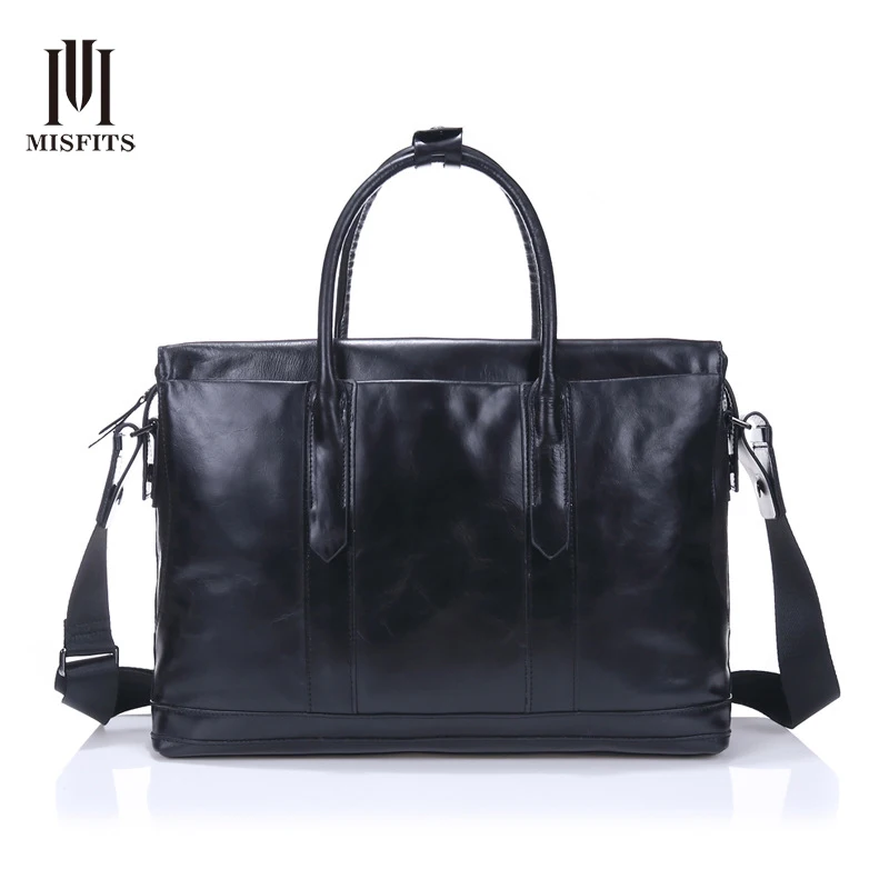 MISFITS Men Genuine Leather Briefcase Male Retro Handbag Business Travel Computer Messenger Bag Laptop 15 inch Tote Bags NZ4040 new high quality leather men laptop briefcase bag 14 inch computer bags handbag business bag fashion laptop handbag for men