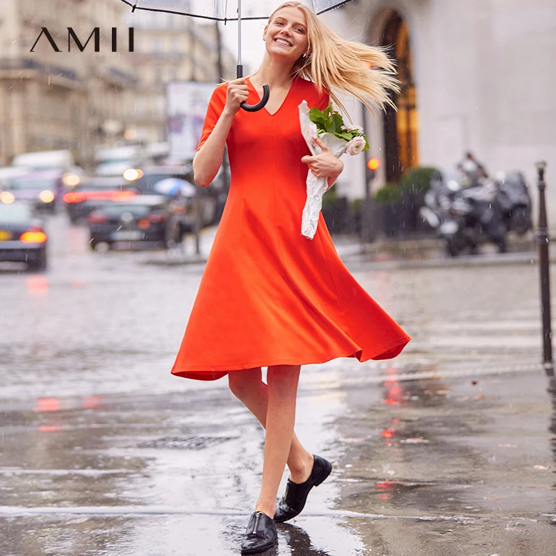 

Amii Minimalist A Line Dress Women Spring Summer 2019 New Causal Short Sleeve V Neck Patchwork Female Elegant Midi Dresses