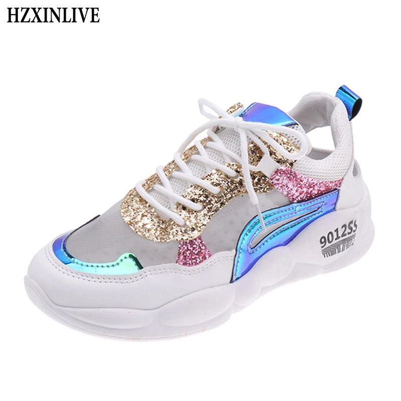 HZXINLIVE 2019 New Sneakers Women Chunky White Sneakers Sock Shoes Casual Flats Breathable Soft Sequined Bling Zapatos De Mujer