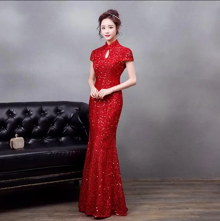 Красные Длинные свадебные платья Qipao с блестками и русалочкой Свадебный чонсам