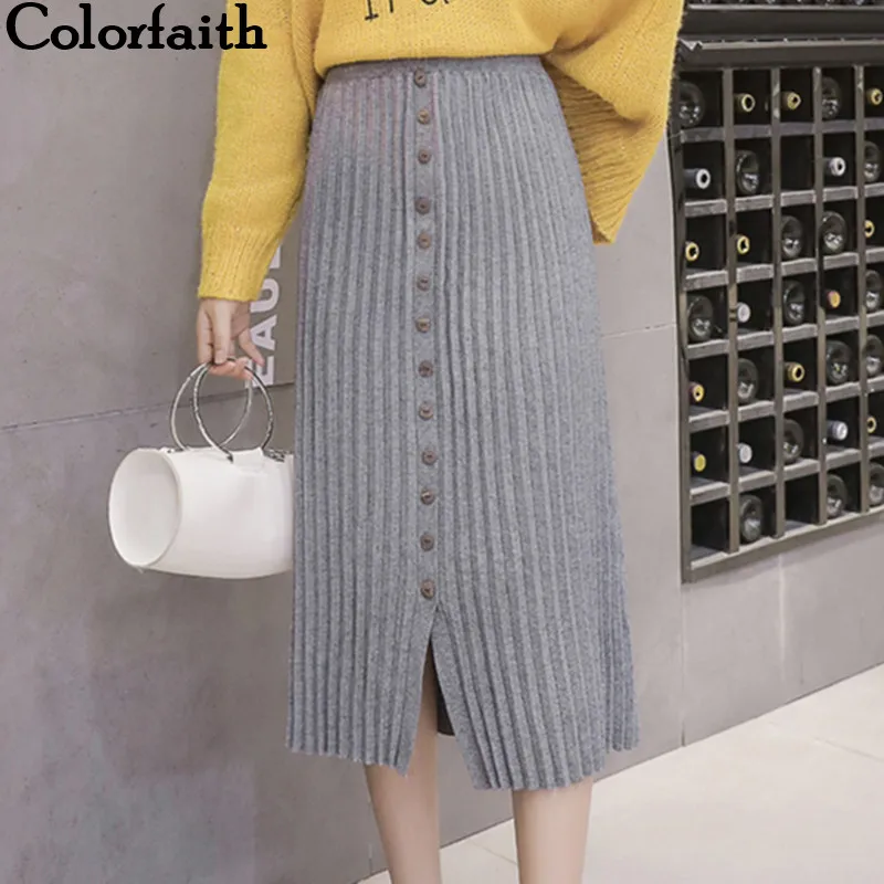 

Colorfaith New 2019 Women Knitting Long Skirt Autumn Winter Casual Ladies Pleated Buttons Slit Elegant Skirt Female Girls SK8822