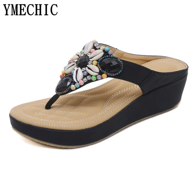 Женские пляжные шлепанцы YMECHIC на танкетке повседневные с кристаллами и бусинами