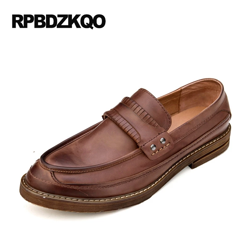 

Brown British Style Spring Men Casual Shoes Vintage Black Loafers European Slip On Genuine Leather Real Popular Fashion Spring
