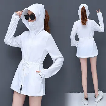 

Women Sun Uv Protection Jacket Lace Up Plus Size Clothing Hooded Beach Wear Sunscreen Cover-ups