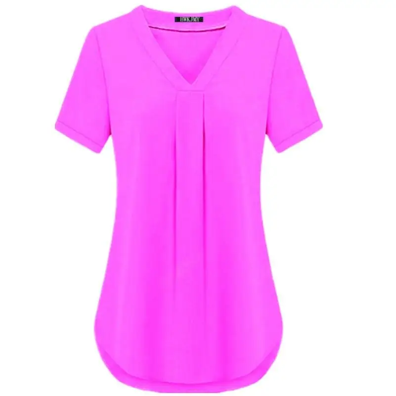 Большие размеры, S-6XL, модная женская летняя шифоновая футболка, сексуальный v-образный вырез, короткий рукав, одноцветная футболка, топ, Повседневная Свободная плиссированная блузка