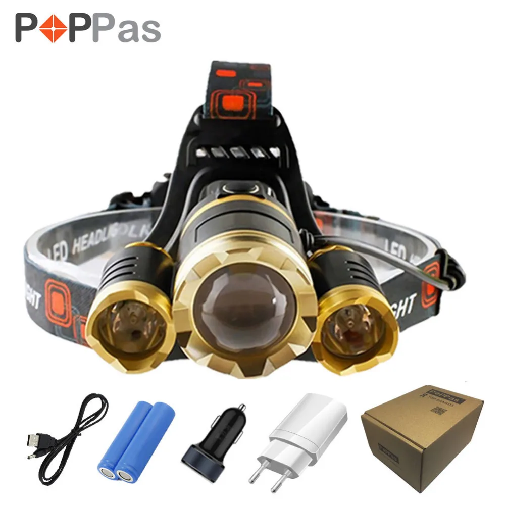 

POPPAS LED Headlamp 10000LM CREE 3T6 Chips Headlight Rechargeable Zoom Head Light Flashlight Hunting 18650 Battery Charger