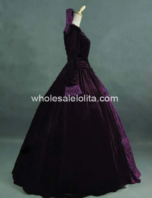 Роскошный Фиолетовый Бархат и Brocade Воссоздание Период Королева Collared Dress Бальное платье Театр Костюма
