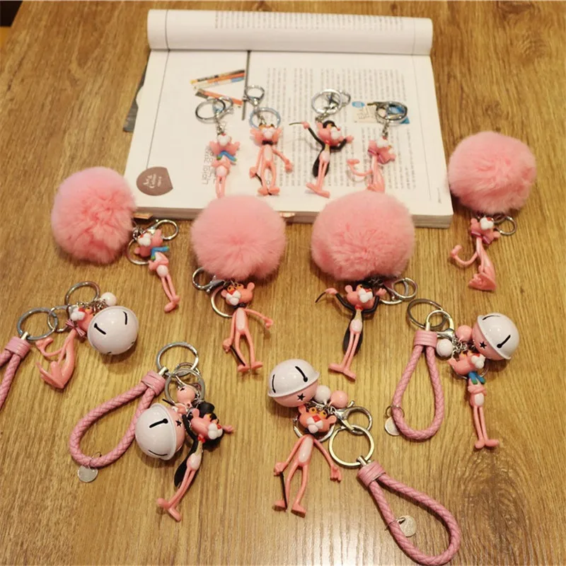

Top Quality Fur Ball Pompom Pink Panther Keychain Multiple postures Vinyl Doll Keychain For Women Bag Key Chain Ring Gift