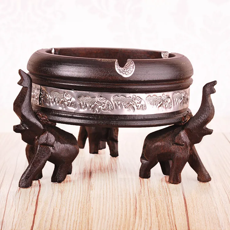 

NEWYEARNEW Creative Ashtray for car Art furnishing article Retro Thai style unique luck elephant wooden Ashtray home decoration