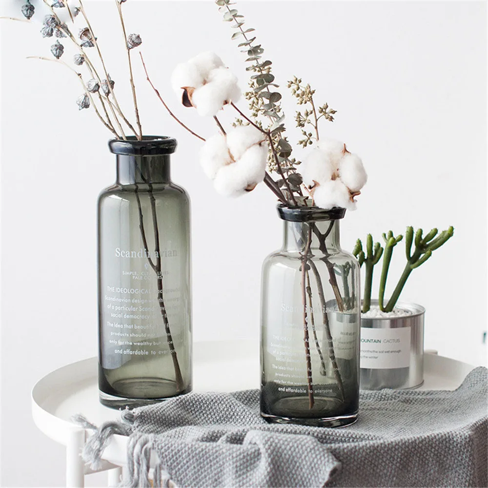 

Scandinavian Gray Glass Storage Jar Nordic Chic Dry Flower Brown Bottle European Minimalist Desk Decoration Organizer Vase