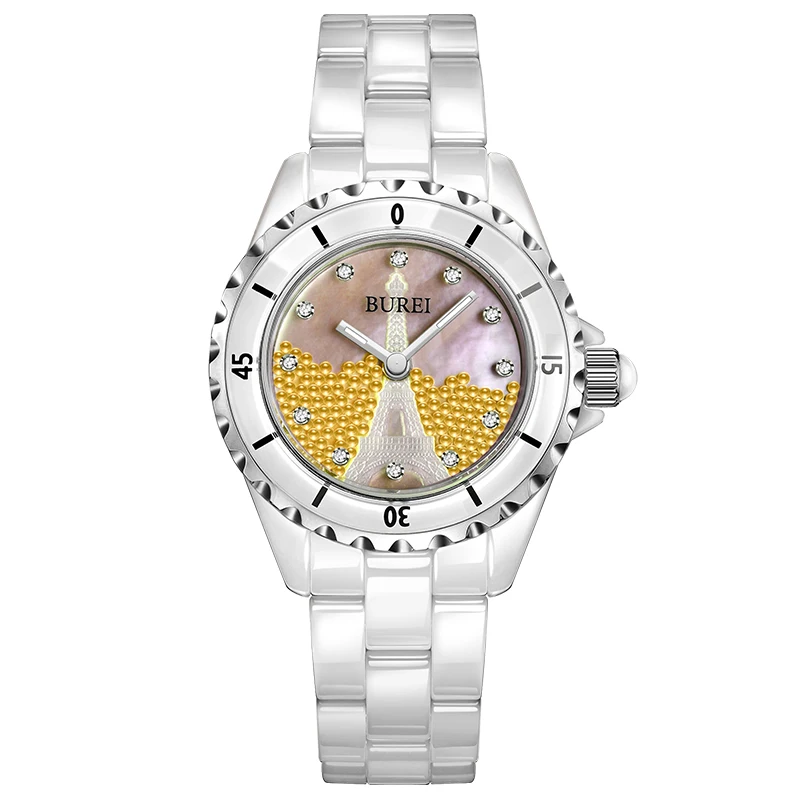 

BUREI 18002 Switzerland watch women luxury brand J12 series Paris La Tour Eiffel diamond pearl Ceramic yellow relogio feminino
