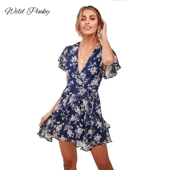 

WildPinky V-Neck Beach Floral Print Ruffles Mini Casual Dress Women Summer Flying Sleeve Sundress Chiffon Bow Tie Sashes Dress