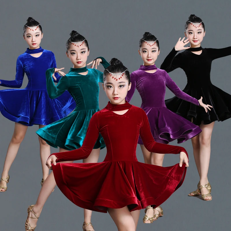 

Children girl Gold velvet latin dresses Gymnastics Dancewear Competition Dancing Costume Child ballroom Dance Dress For Girls