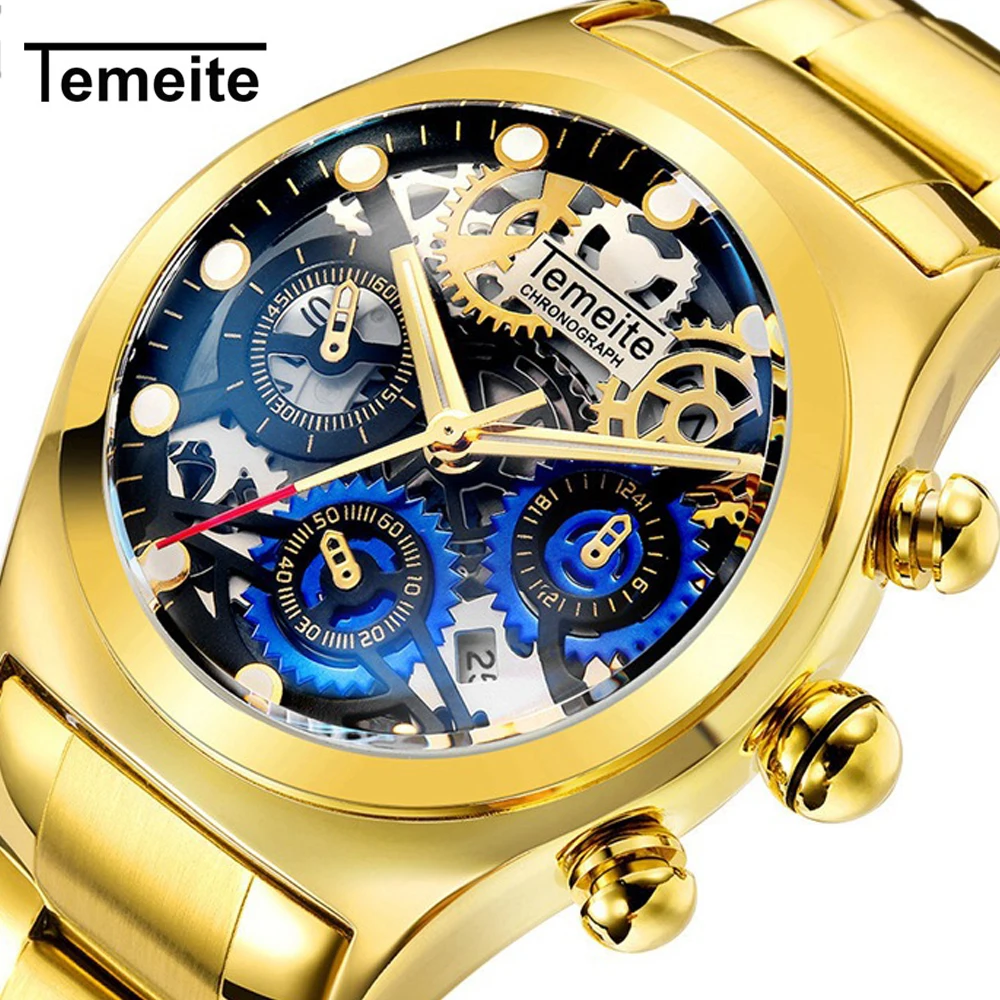 

Top Brand TEMEITE Men Watch Luxury Fashion Gold Business Full Steel Quartz Wristwatches Waterproof Male Clock Relogio Masculino