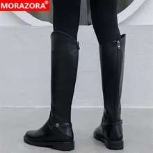 MORAZORA/Новинка года; сапоги из натуральной кожи; женские сапоги до колена; мотоциклетные женские ботинки с круглым носком на молнии с заклепками; сезон осень-зима