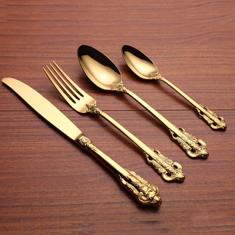 4 Pieces Golden cutlery set Christmas steak Knifes Forks Dinnerspoons