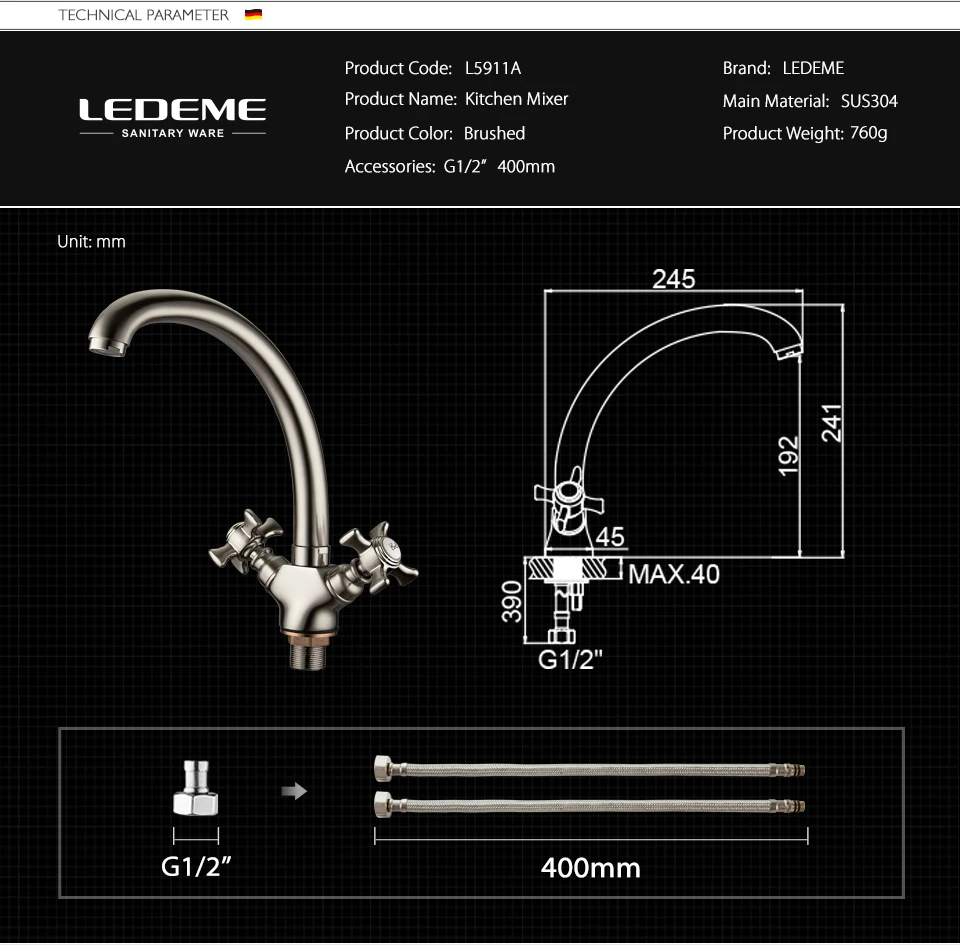 LEDEME Solid Brass Chrome Water Kitchen Faucet Kitchen Sink Faucet 360 Degree Swivel Taps Kitchen Faucets Mixer Tap L5911A