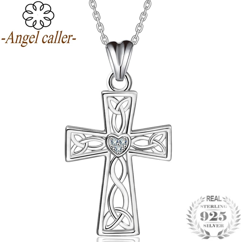 

Angel Caller 925 Sterling Silver Celtics Cross Pendants Necklace Heart CZ Choker Luxury Fine Jewelry for Women Birthday Gift