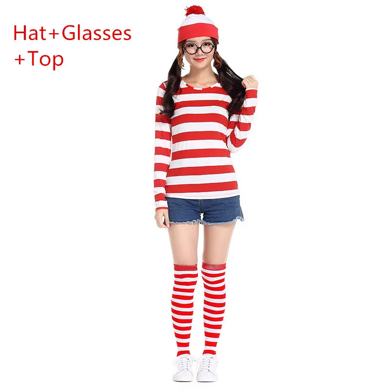 Where's Wally Красная белая шляпа топ рубашки с длинными рукавами очки женская одежда Вечерние зимние костюмы для косплея подарок