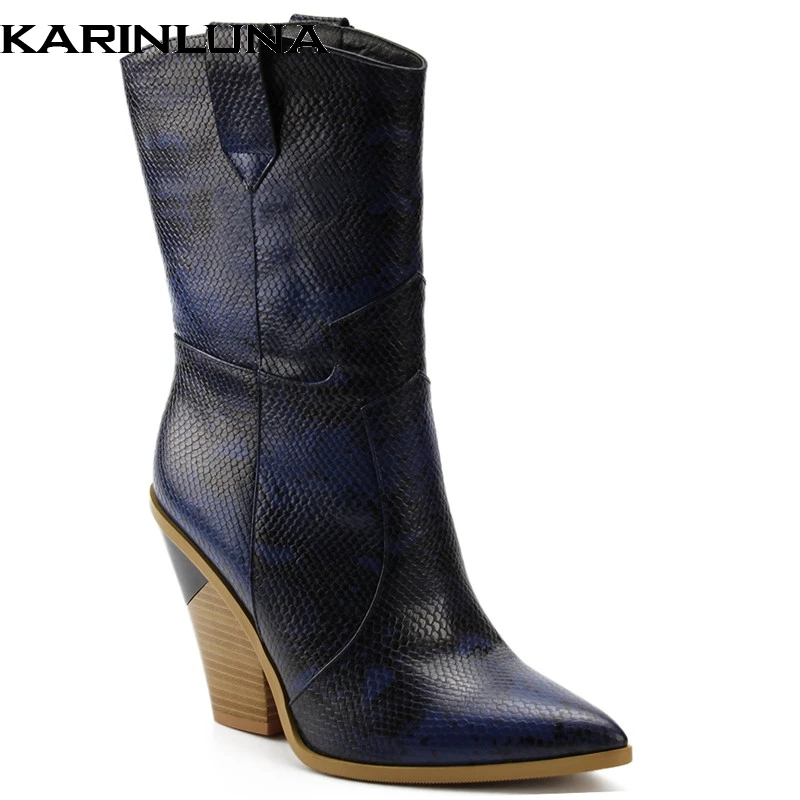 

KarinLuna 2019 brand 7 colors Chic large size 46 chunky heels Retro mid-calf boots shoes western boots women's Shoes woman