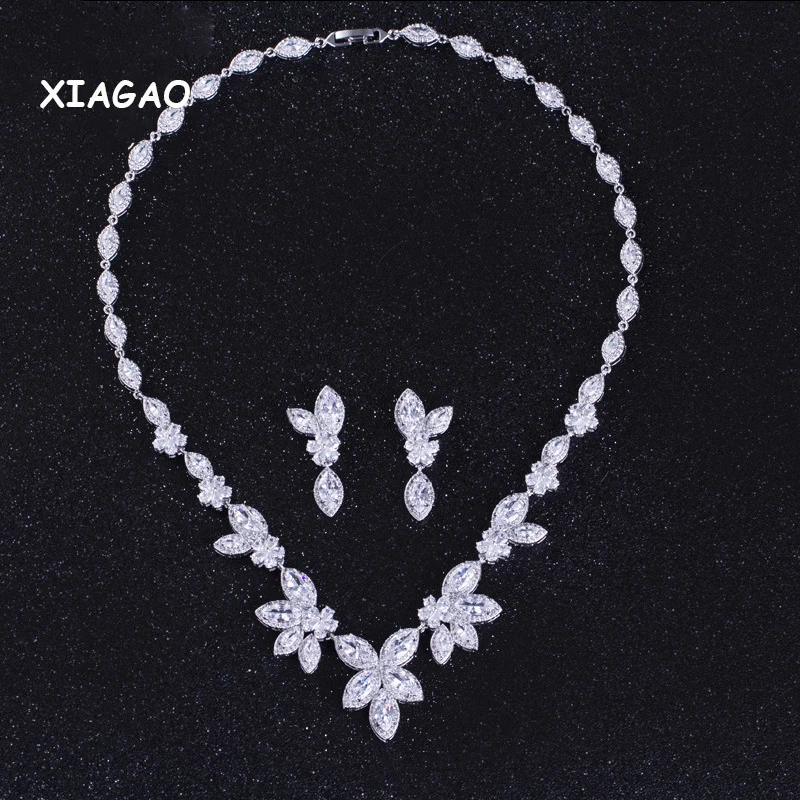 

XIAGAO 2016 White Gold-color CZ Crystal Big Flowe Necklace Earrings Luxury Evening Party Jewelry Sets For Women