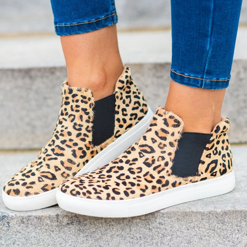 

Casual Shoes Flats 2019 Women Leaopard Women Sneakers Flats Platform Spring High Top Slip-on Breathable Women Canvas #hot