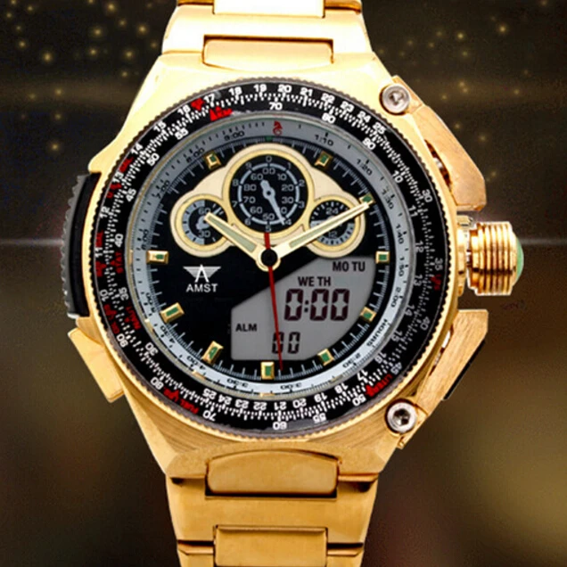 

Multi-function brand AMST Gold luxury Business Watch LED Calendar Men Outdoor Watches waterproof Men's Dual Display Quartz Watch