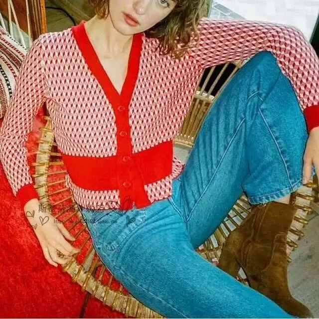 

Women Knitwear French Retro Plaid Print Short Cardigan V-neck Waist Long Sleeve shirt Blouse and Tops With Butto 2019 New Autumn