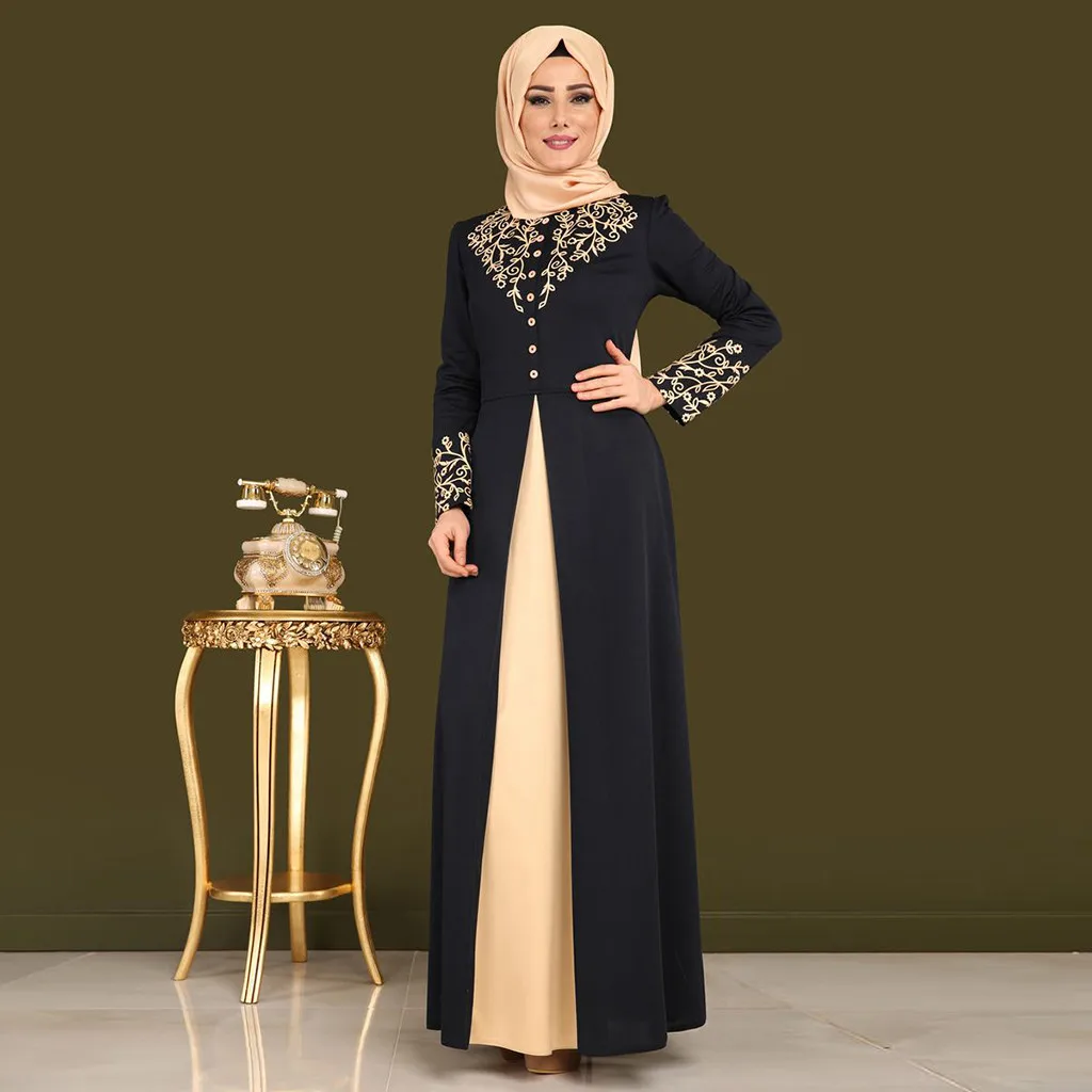 

Women Muslim Print Dress Abaya turban with Islamic Middle Turkey Contrast Loose Belt Clothing Maxi Dress Burqa 4.13