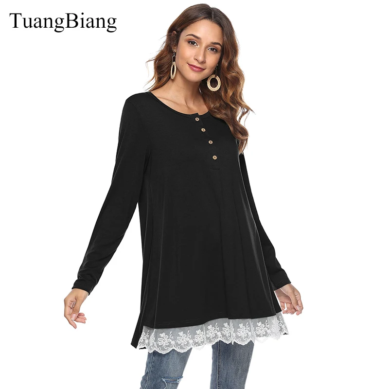

2018 Women Autumn Long Sleeve Patchwork Lace T shirt camiseta feminina O Neck Loose Button Tee Shirts Hollow out Long Style Tops