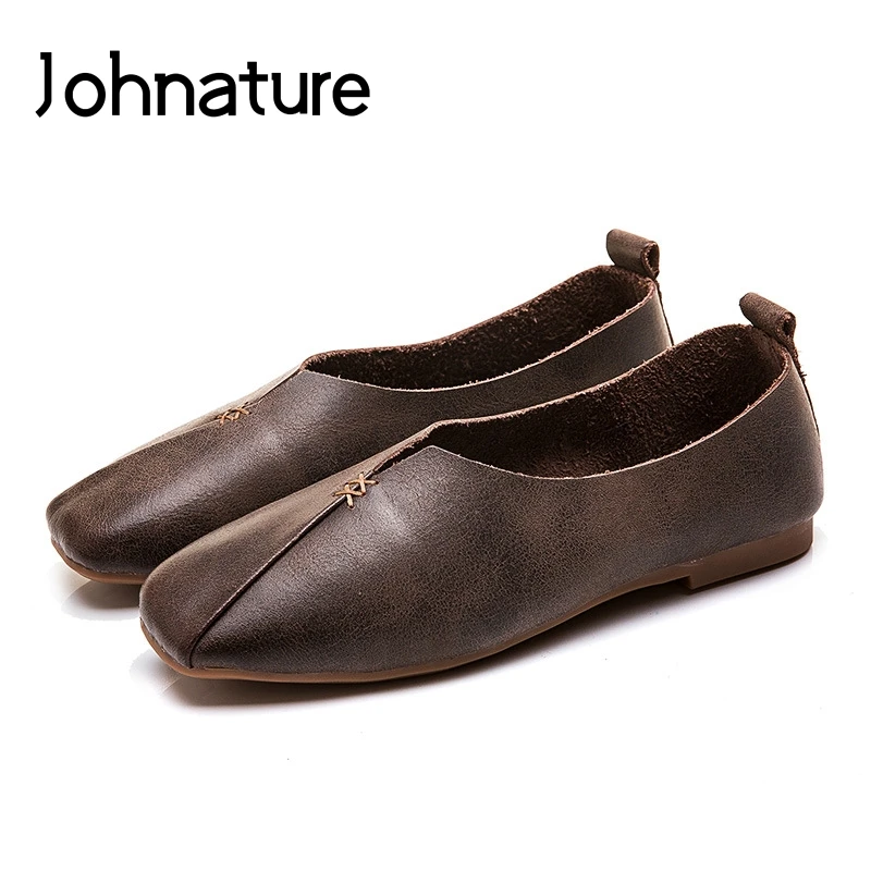 

Johnature 2019 New Spring/autumn Handmade Genuine Leather Casual Square Toe Shallow Slip-on Loafers Women Flats Shoes