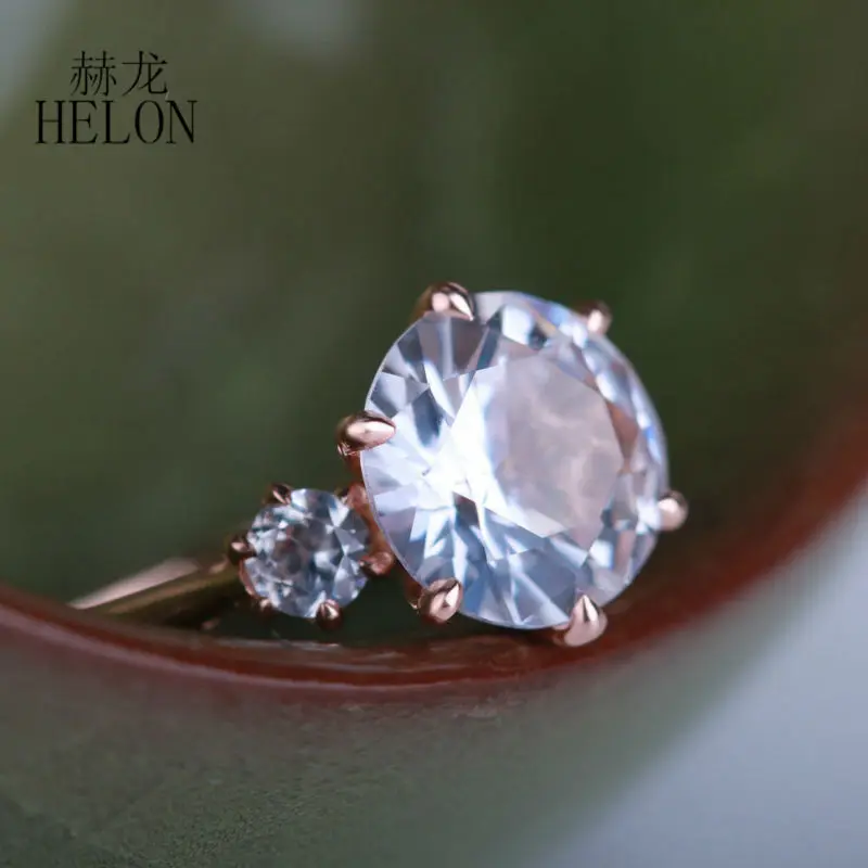 HELON SPECIAL! Три камня 2.4ct белый топаз романтическое обручальное свадебное тонкое кольцо для женщин Ювелирное кольцо твердое розовое золото 14 к